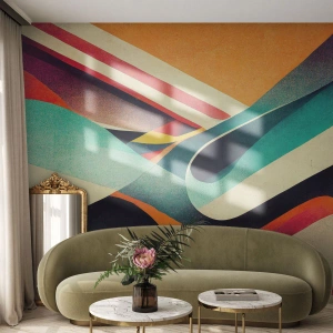 Papier Peint Photo Premium Sand - Vagues rétro abstraites colorées sur fond orange - 100x70cm - Composition intense - Décoration murale moderne pour le salon et la chambre ARTTOR