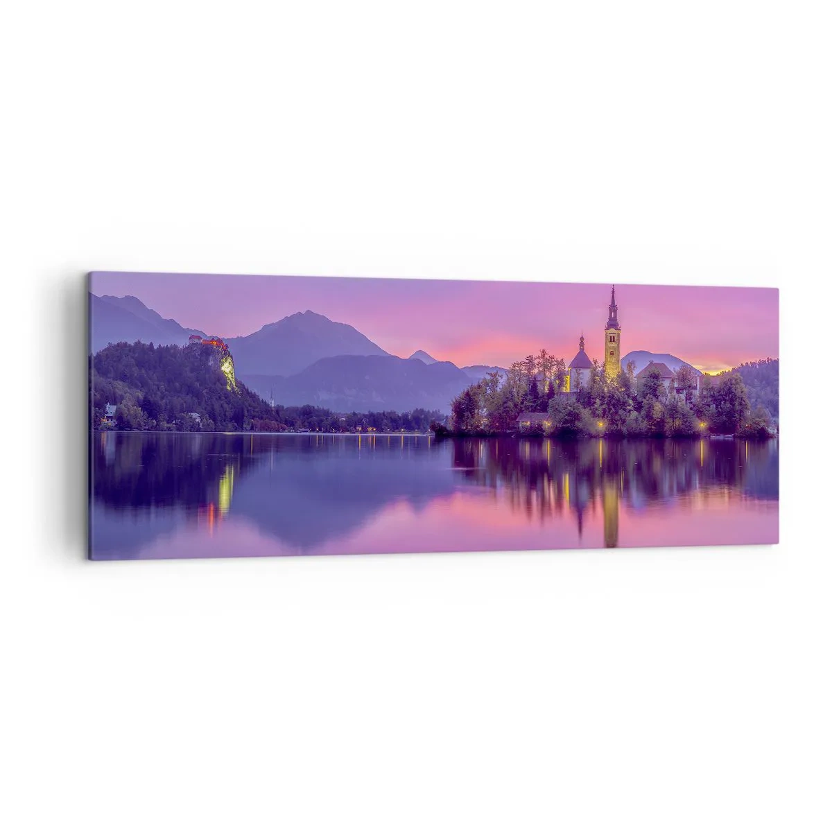 Impression sur toile - Image sur toile - Lac avec une île et une église au coucher du soleil - 140x50cm - Une île de conte de fées au crépuscule - Décoration murale moderne pour le salon et la chambre ARTTOR