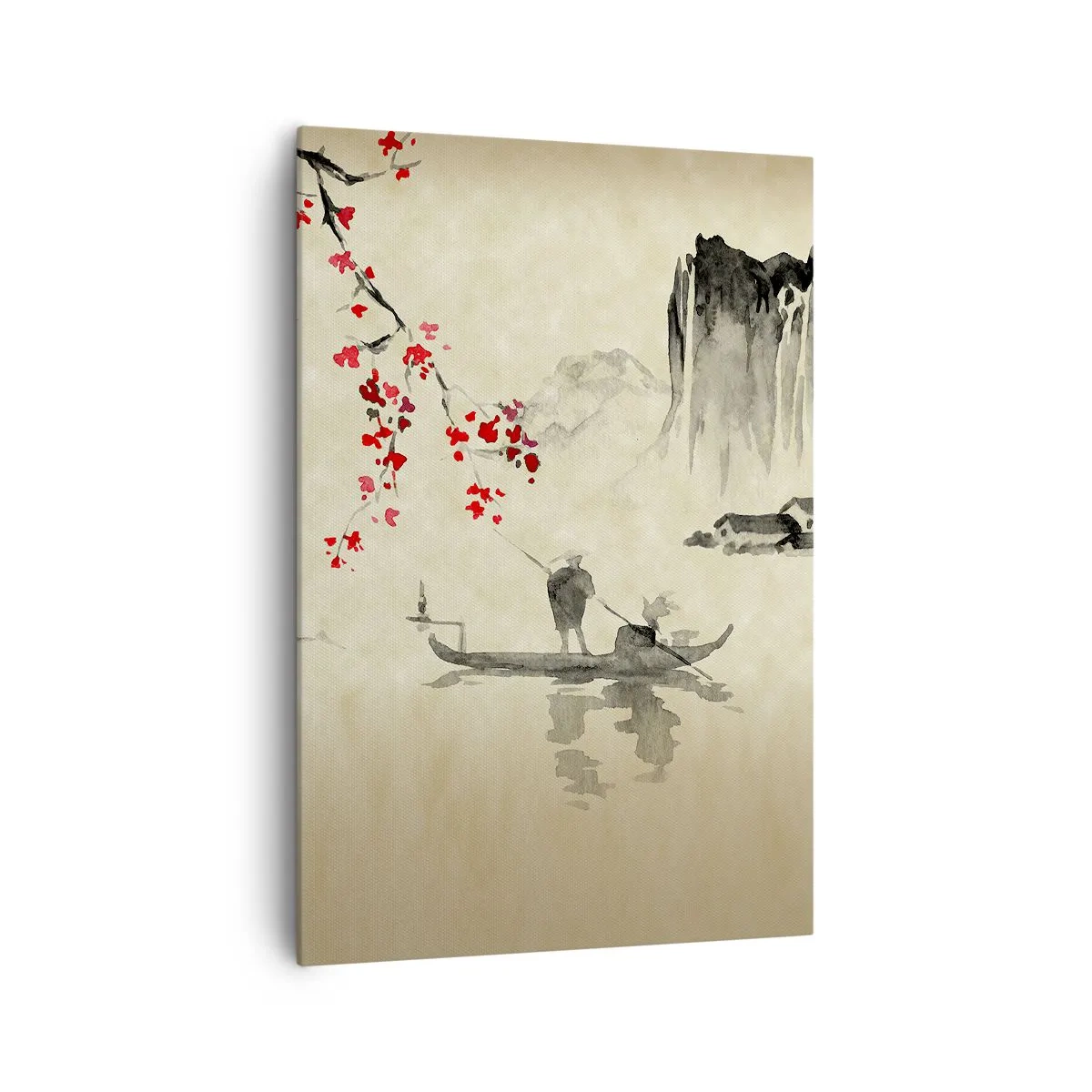 Impression sur toile - Image sur toile - Illustration orientale avec un bateau et une branche fleurie - 70x100cm - Au pays des cerisiers en fleurs - Décoration murale moderne pour le salon et la chambre ARTTOR