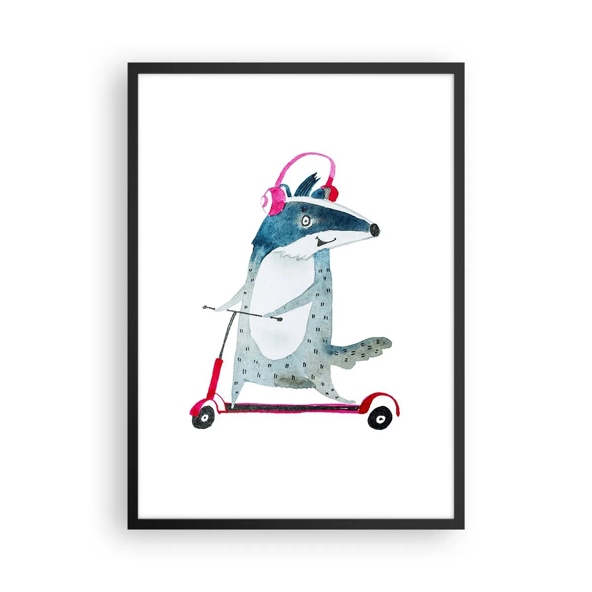 Affiche dans un cadre noir - Poster - Illustration d'un blaireau sur un scooter portant des écouteurs roses - 50x70cm - La joie du blaireau - Décoration murale moderne pour le salon et la chambre ARTTOR