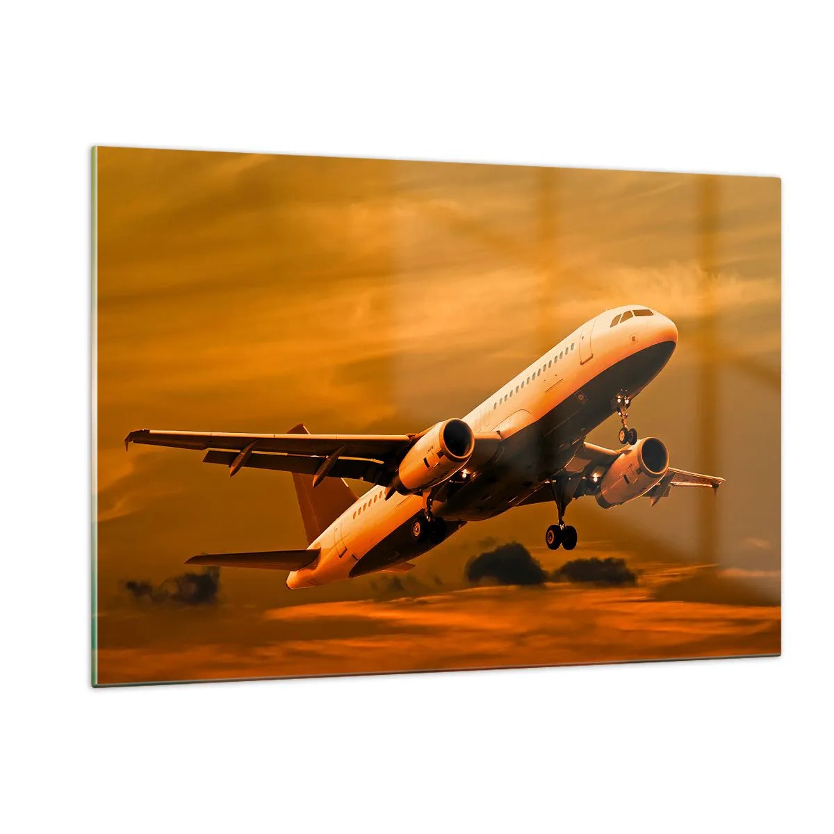 Impression sur verre - Image sur verre - Un avion décollant dans un ciel orange - 120x80cm - Vol vers le soleil - Décoration murale moderne pour le salon et la chambre ARTTOR