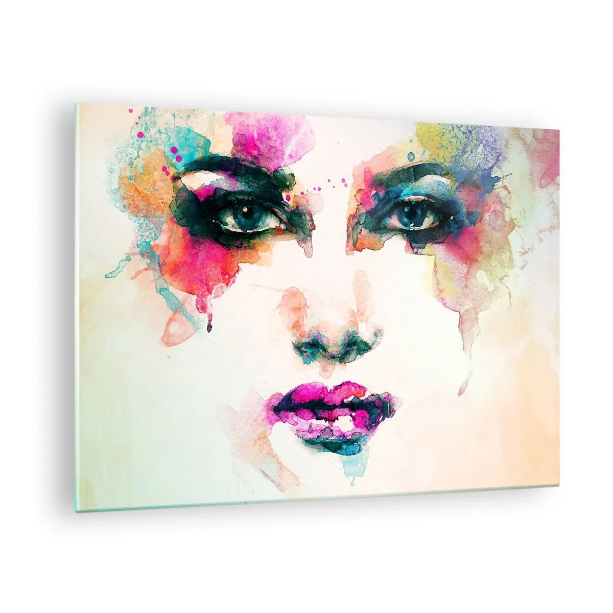 Impression sur verre - Image sur verre - Portrait d'une femme aux couleurs et détails de l'aquarelle - 70x50cm - Un portrait peint avec un arc-en-ciel - Décoration murale moderne pour le salon et la chambre ARTTOR
