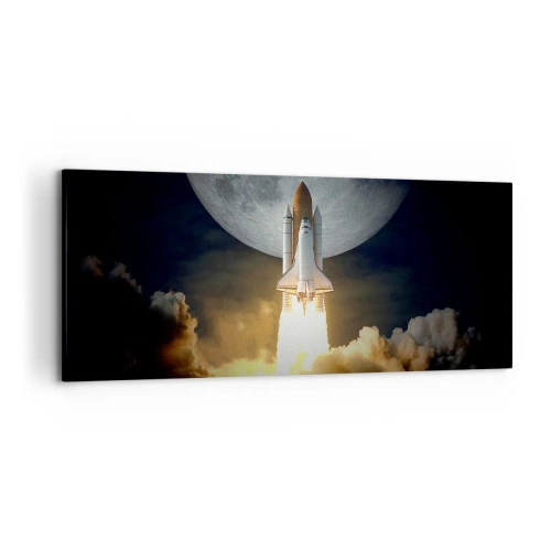 Impression sur toile - Image sur toile - Une fusée décollant sur fond de pleine lune entourée de nuages dynamiques. - 120x50cm - Le début d'une aventure surnaturelle - Décoration murale moderne pour le salon et la chambre ARTTOR