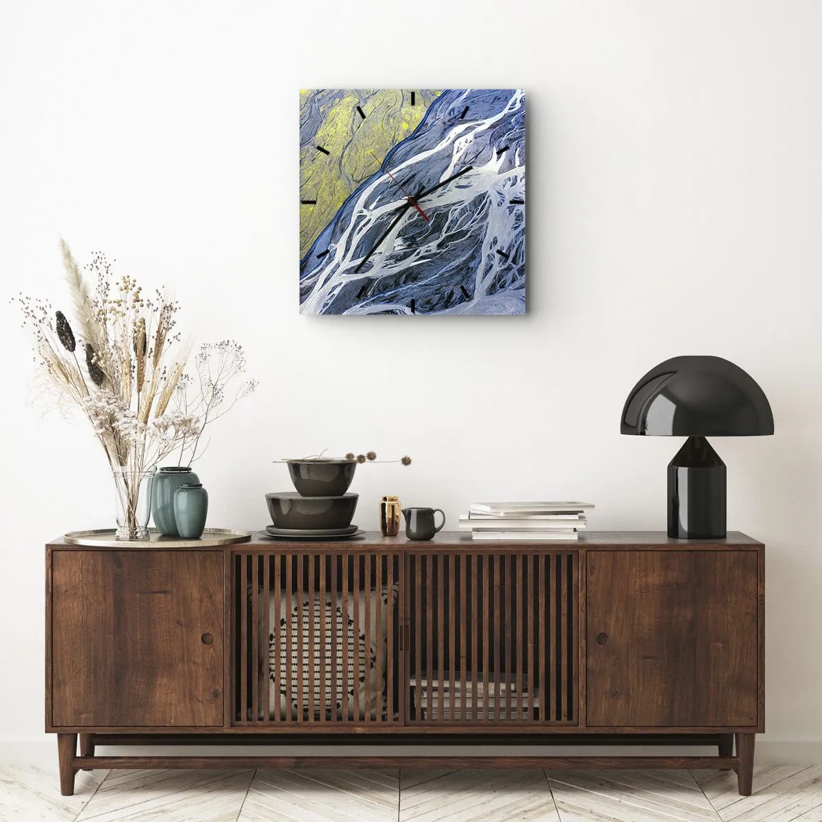 Horloge murale - Pendule murale - Vue aérienne abstraite des lits de rivières sinueux - 30x30cm - Peintures rupestres de la nature - Décoration murale moderne pour le salon et la chambre ARTTOR