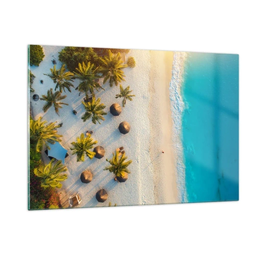 Impression sur verre - Image sur verre - Vue aérienne d'une plage tropicale avec palmiers et parasols - 120x80cm - Bienvenue au paradis - Décoration murale moderne pour le salon et la chambre ARTTOR