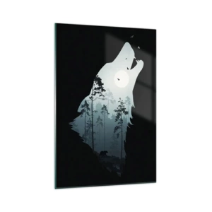 Impression sur verre - Image sur verre - Silhouette d'un loup avec une forêt et la lune en arrière-plan - 70x100cm - La voix de nuit de la forêt - Décoration murale moderne pour le salon et la chambre ARTTOR
