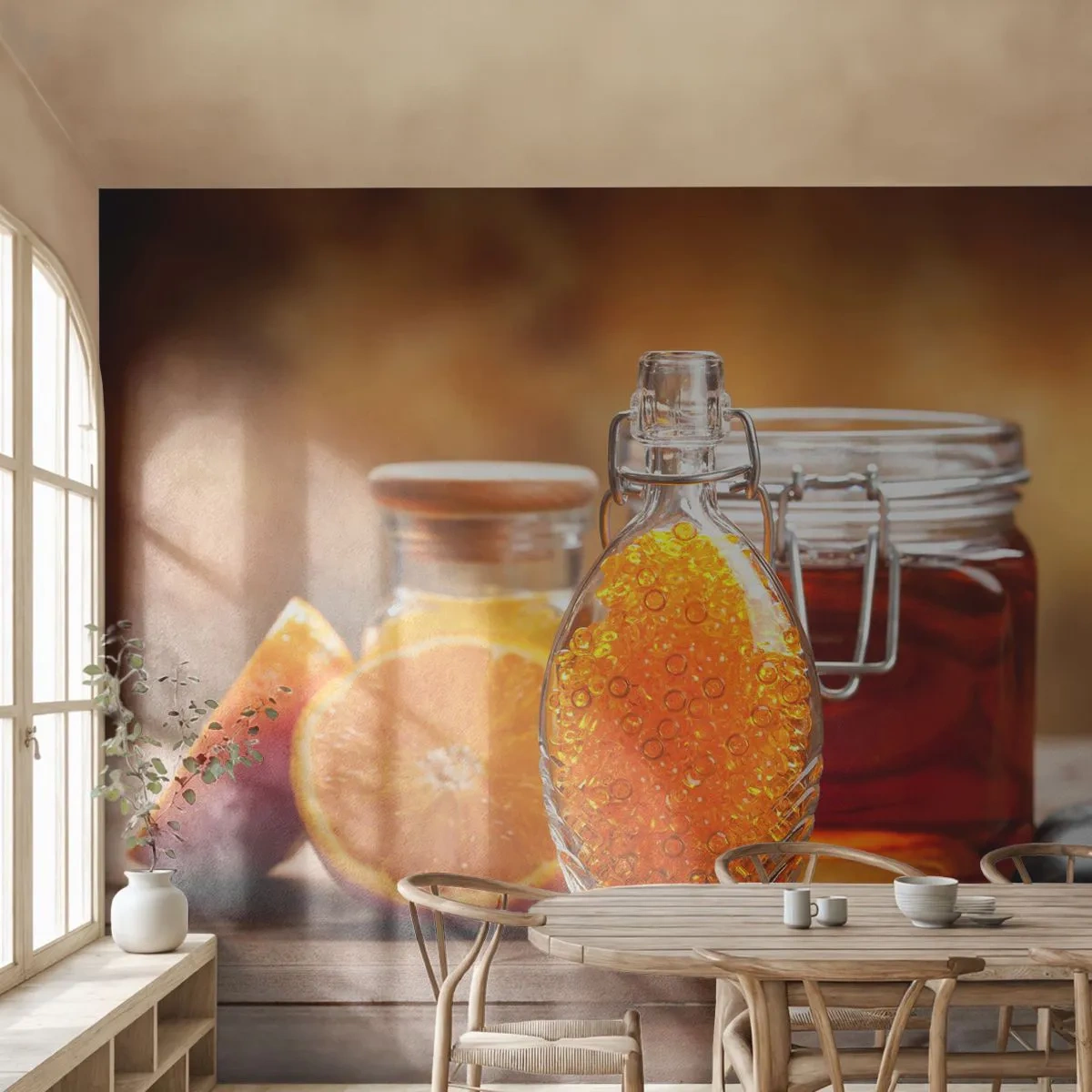 Papier Peint Photo Premium Sand - Une bouteille d'huile d'orange et un pot de miel sur bois - 100x70cm - Saveurs et arômes ensoleillés - Décoration murale moderne pour le salon et la chambre ARTTOR