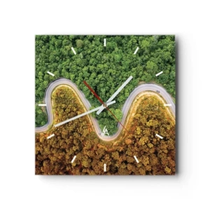 Horloge murale - Pendule murale - Une route sinueuse à travers la forêt vue à vol d'oiseau - 30x30cm - Frontieres et differences - Décoration murale moderne pour le salon et la chambre ARTTOR
