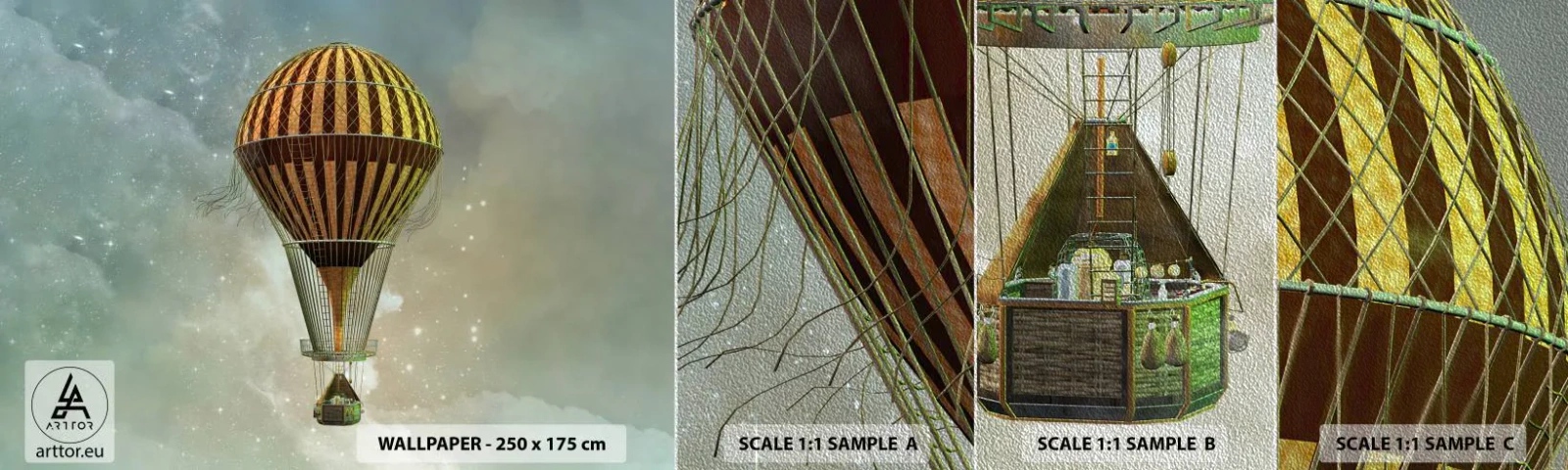 Échantillon de Papier Peint Premium Sand - Vols pionniers - Ballon, Voler, Des nuages - 100x30 cm