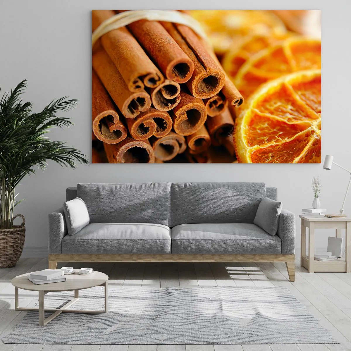 Impression sur verre - Image sur verre - Gros plan sur des bâtons de cannelle et des tranches d'orange séchées - 120x80cm - Sentez-vous leurs odeurs? - Décoration murale moderne pour le salon et la chambre ARTTOR