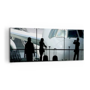 Impression sur toile - Image sur toile - Aéroport avec des silhouettes de personnes et une vue de l'avion - 120x50cm - Vis-à-vis de l'aéroport - Décoration murale moderne pour le salon et la chambre ARTTOR