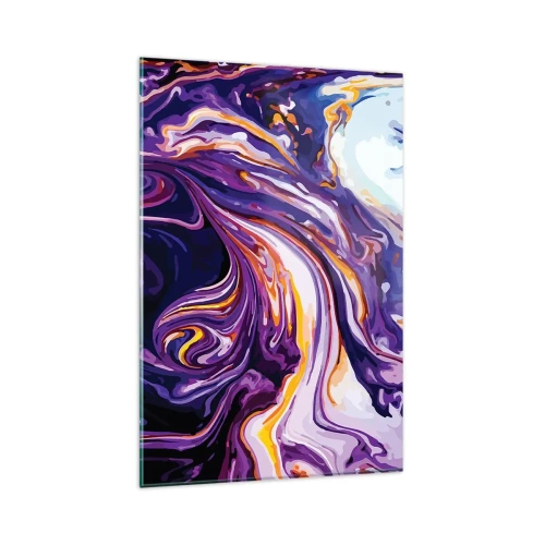 Impression sur verre - Image sur verre - Un motif abstrait dynamique dans des tons de violet et de jaune. - 80x120cm - La courbure de l'espace en violet - Décoration murale moderne pour le salon et la chambre ARTTOR