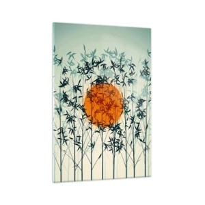 Impression sur verre - Image sur verre - Soleil orange parmi les branches de bambou - 70x100cm - Soleil japonnais - Décoration murale moderne pour le salon et la chambre ARTTOR