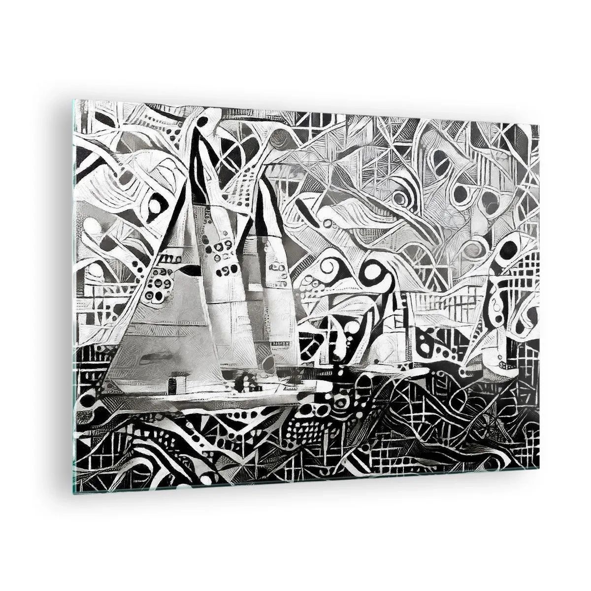 Impression sur verre - Image sur verre - Abstraction en noir et blanc avec voiliers et motifs géométriques - 70x50cm - Entre les vagues - Décoration murale moderne pour le salon et la chambre ARTTOR