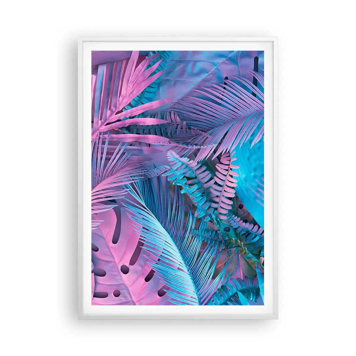 Affiche dans un cadre blanc - Poster - Les tropiques en rose et bleu - 70x100 cm