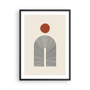 Affiche dans un cadre noir - Poster - Abstraction géométrique avec un arc linéaire et un cercle rouge. - 50x70cm - Le magnétisme des formes et des couleurs - Décoration murale moderne pour le salon et la chambre ARTTOR