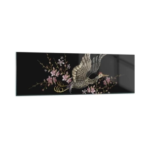 Impression sur verre - Image sur verre - Un oiseau en vol avec des fleurs sur fond noir - 160x50cm - Oiseau brodé exotique - Décoration murale moderne pour le salon et la chambre ARTTOR
