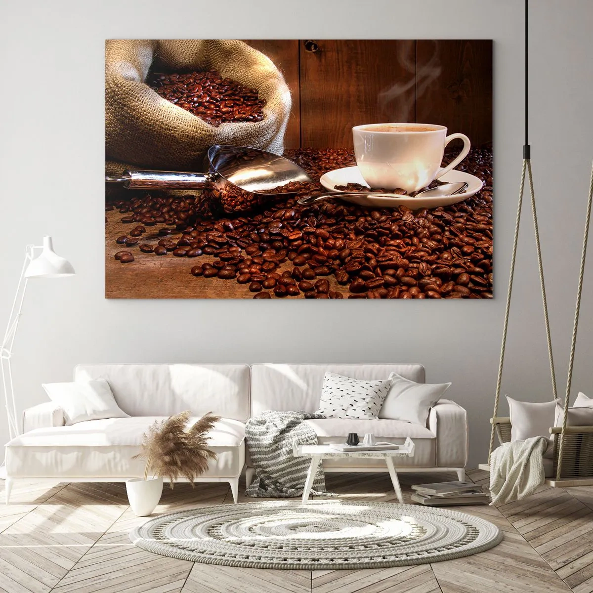 Impression sur verre - Image sur verre - Une tasse de café sur fond de haricots et d'un sac en jute - 120x80cm - Sentez-vous cette odeur? - Décoration murale moderne pour le salon et la chambre ARTTOR