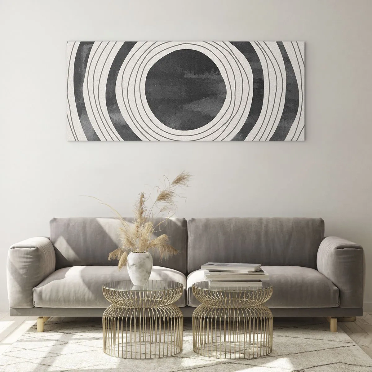 Impression sur verre - Image sur verre - Cercles concentriques noirs et blancs sur fond clair - 120x50cm - Droit au but - Décoration murale moderne pour le salon et la chambre ARTTOR
