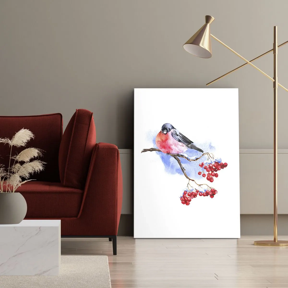 Impression sur toile - Image sur toile - Oiseau sur une branche avec des fruits rouges sur fond aquarelle - 70x100cm - L'hiver en couleurs - Décoration murale moderne pour le salon et la chambre ARTTOR