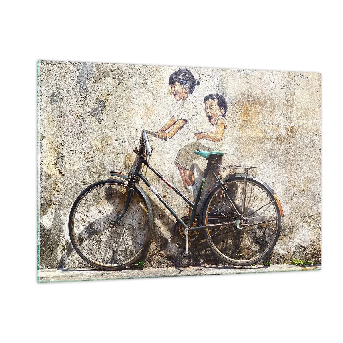 Impression sur verre - Image sur verre - Une peinture murale avec un vélo et des figures d'enfants sur un fond mural. - 120x80cm - Vrai ou faux? - Décoration murale moderne pour le salon et la chambre ARTTOR