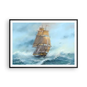 Affiche dans un cadre noir - Poster - Un voilier sur une mer agitée - 100x70cm - Se précipitant sur les vagues - Décoration murale moderne pour le salon et la chambre ARTTOR