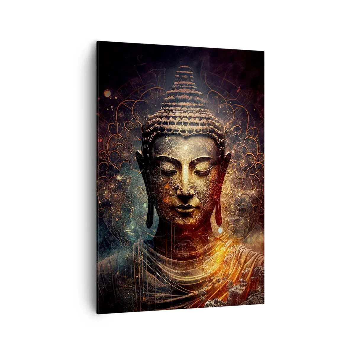 Impression sur toile - Image sur toile - Bouddha doré sur fond sombre avec ornements - 70x100cm - Équilibre spirituel - Décoration murale moderne pour le salon et la chambre ARTTOR