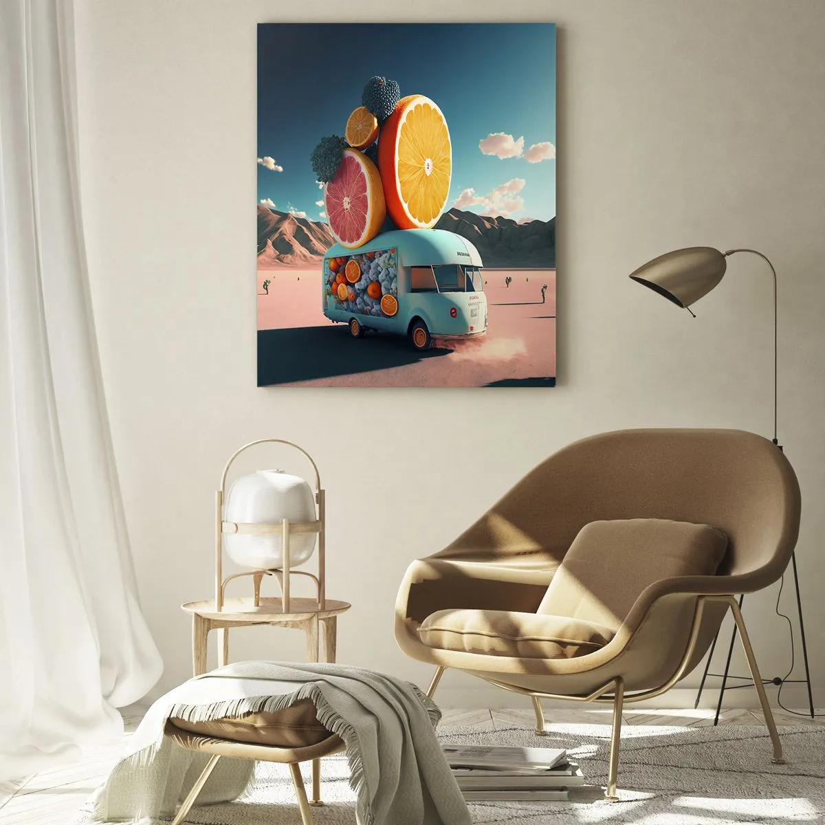 Impression sur verre - Image sur verre - Camion de fruits dans un paysage désertique - 80x120cm - Le goût des vacances - Décoration murale moderne pour le salon et la chambre ARTTOR