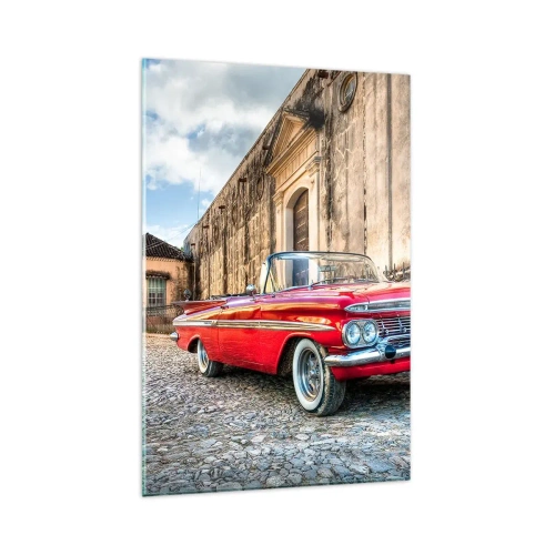 Impression sur verre - Image sur verre - Voiture classique rouge dans une rue pavée - 80x120cm - Émotions cubaines - Décoration murale moderne pour le salon et la chambre ARTTOR