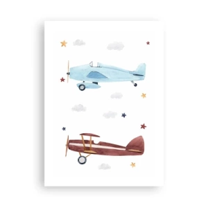 Affiche - Poster - Illustrations à l'aquarelle de deux avions flottant parmi les nuages et les étoiles. - 50x70cm - Monsieur le pilote, nous vous attendons ! - Décoration murale moderne pour le salon et la chambre ARTTOR