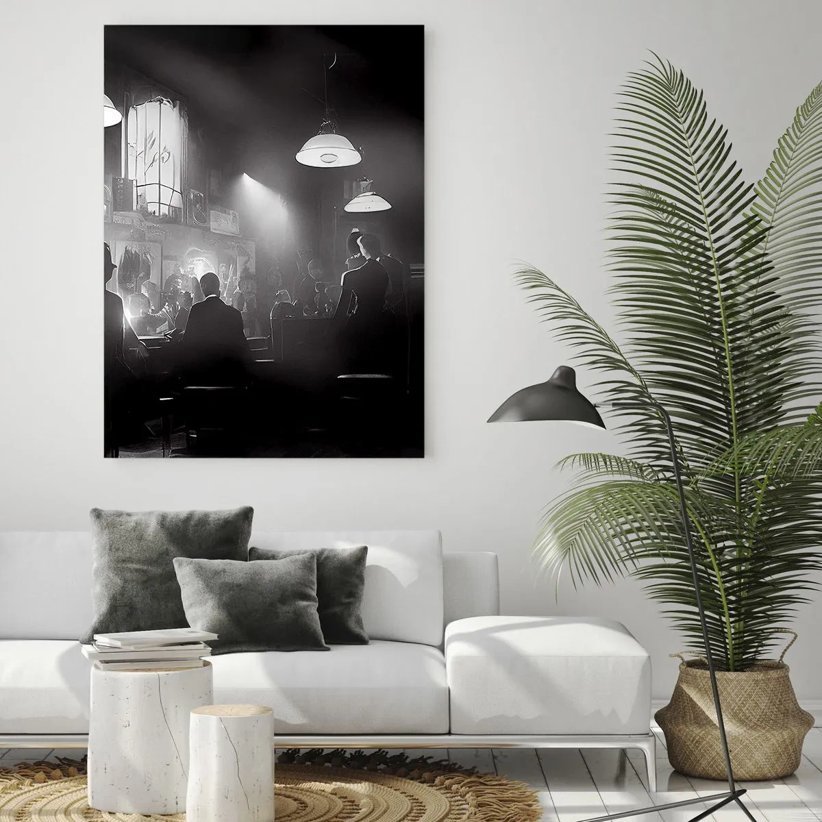Impression sur verre - Image sur verre - Scène de jazz en noir et blanc dans un intérieur de club - 50x70cm - Dans une ambiance jazz - Décoration murale moderne pour le salon et la chambre ARTTOR