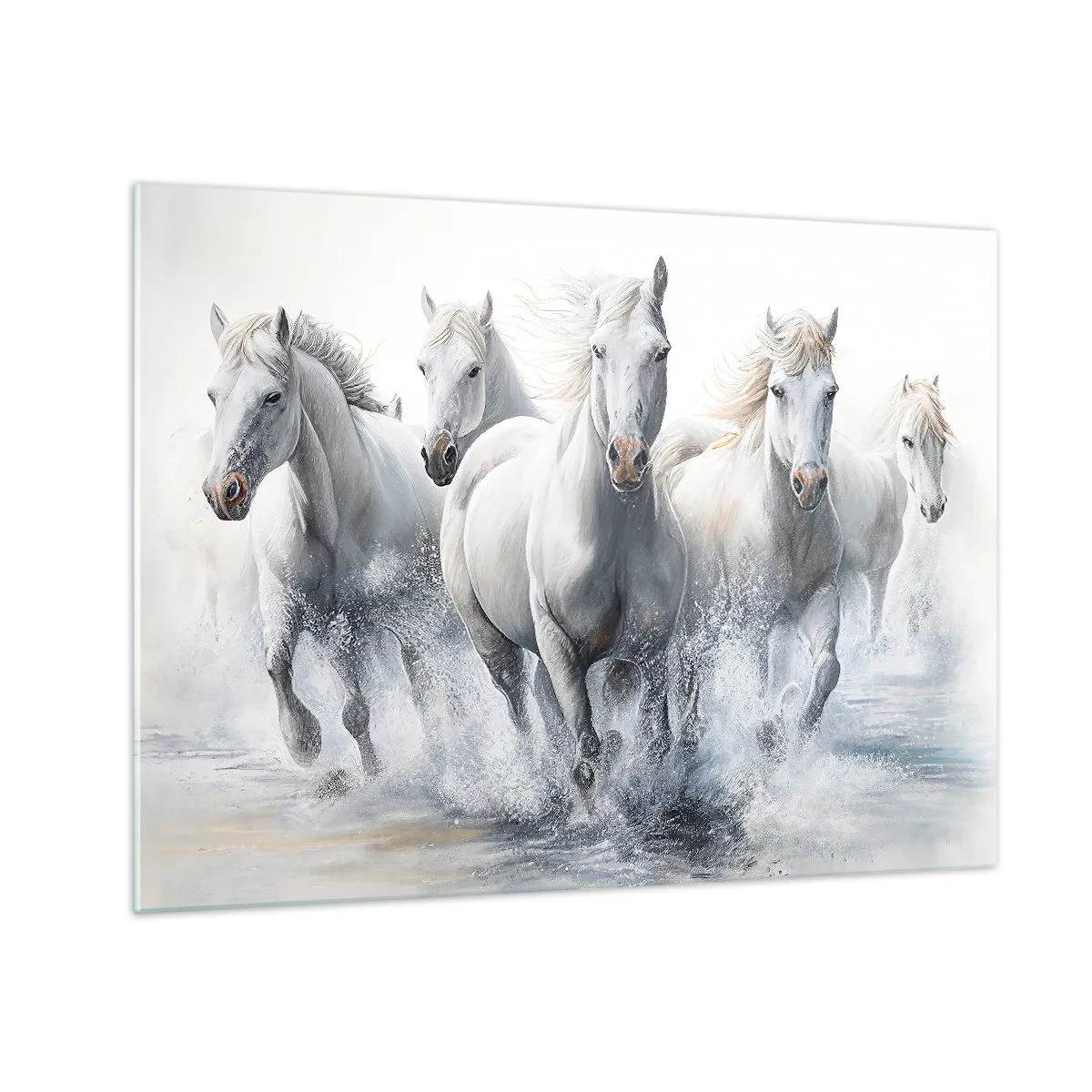 Impression sur verre - Image sur verre - Chevaux blancs galopant dans l'eau dans une composition dynamique - 70x50cm - Magie blanche - Décoration murale moderne pour le salon et la chambre ARTTOR