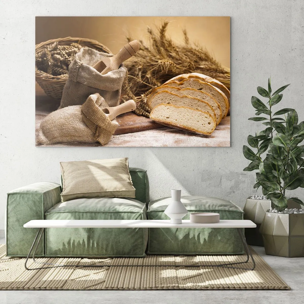 Impression sur verre - Image sur verre - Pain, farine et épis de céréales dans un style rustique - 100x70cm - Comment il coupe avec un couteau - Décoration murale moderne pour le salon et la chambre ARTTOR