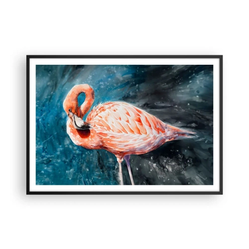 Affiche dans un cadre noir - Poster - Un flamant rose sur un fond bleu aquarelle - 100x70cm - Décoratif par nature - Décoration murale moderne pour le salon et la chambre ARTTOR