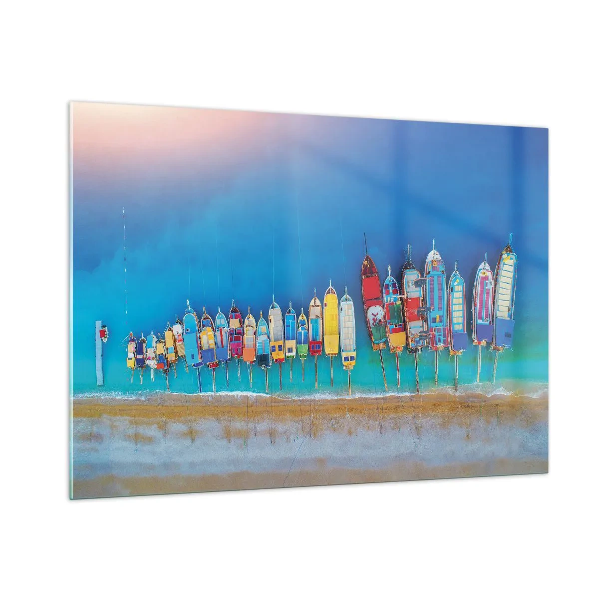 Impression sur verre - Image sur verre - Bateaux colorés sur le rivage de la mer turquoise - 100x70cm - Une vue à vol d'oiseau - Décoration murale moderne pour le salon et la chambre ARTTOR