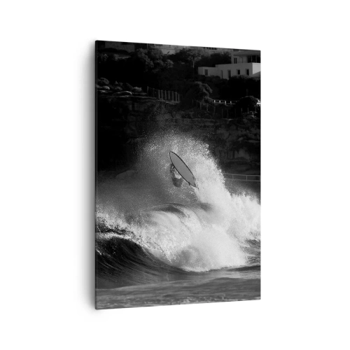 Impression sur toile - Image sur toile - Un surfeur sur une vague en monochrome - 70x100cm - Défi accepté! - Décoration murale moderne pour le salon et la chambre ARTTOR