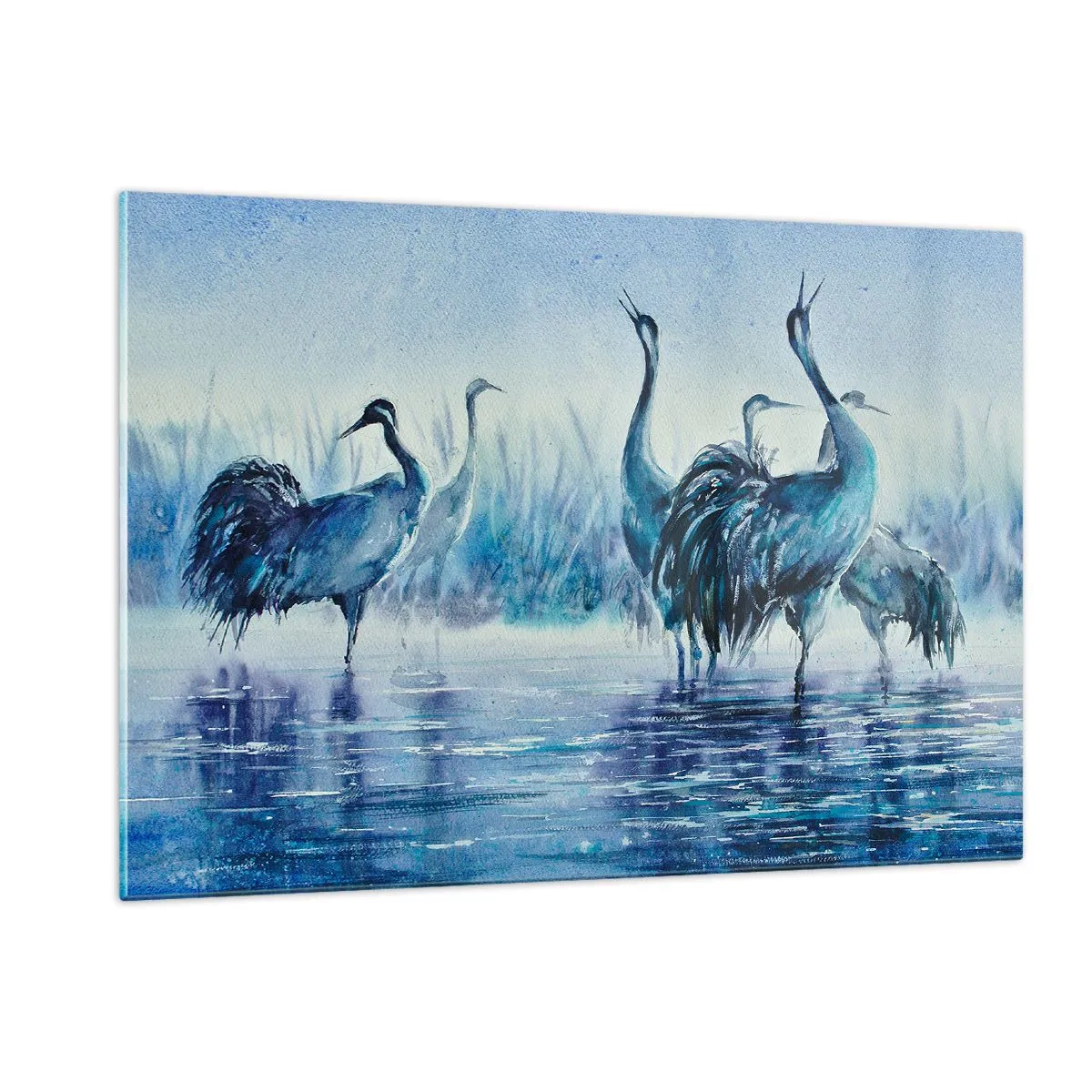 Impression sur verre - Image sur verre - Oiseaux pataugeant dans l'eau bleue - 120x80cm - Réunion matinale - Décoration murale moderne pour le salon et la chambre ARTTOR