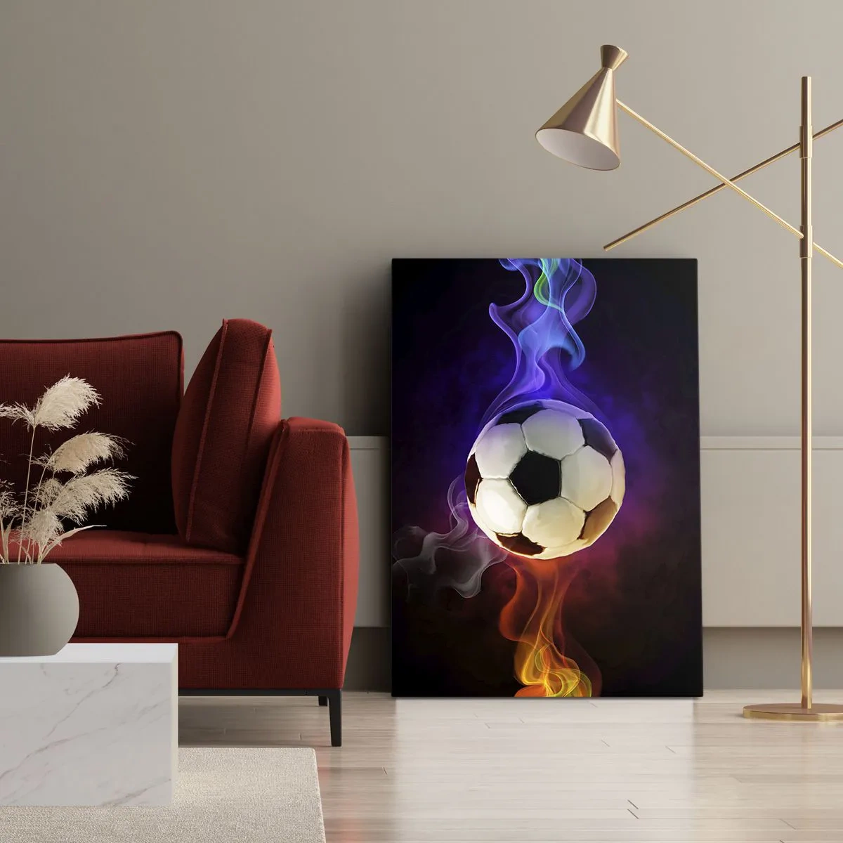 Impression sur toile - Image sur toile - Un ballon de football entouré d'effets de fumée colorés sur un fond sombre. - 70x100cm - Le pouvoir magique du jeu - Décoration murale moderne pour le salon et la chambre ARTTOR