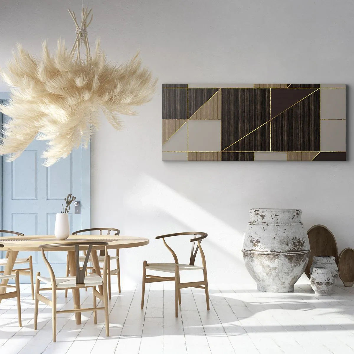 Impression sur toile - Image sur toile - Motifs géométriques dans les tons de marron avec des lignes dorées - 140x50cm - Mozaique de bronze et d'or - Décoration murale moderne pour le salon et la chambre ARTTOR