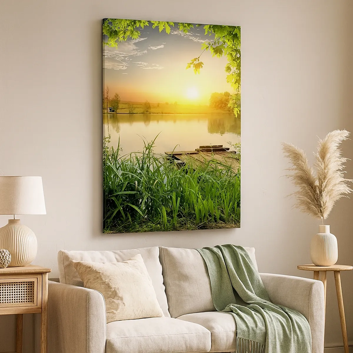 Impression sur toile - Image sur toile - Paysage verdoyant avec un lac au coucher du soleil - 50x70cm - Paysage dans un cadre verdoyant - Décoration murale moderne pour le salon et la chambre ARTTOR