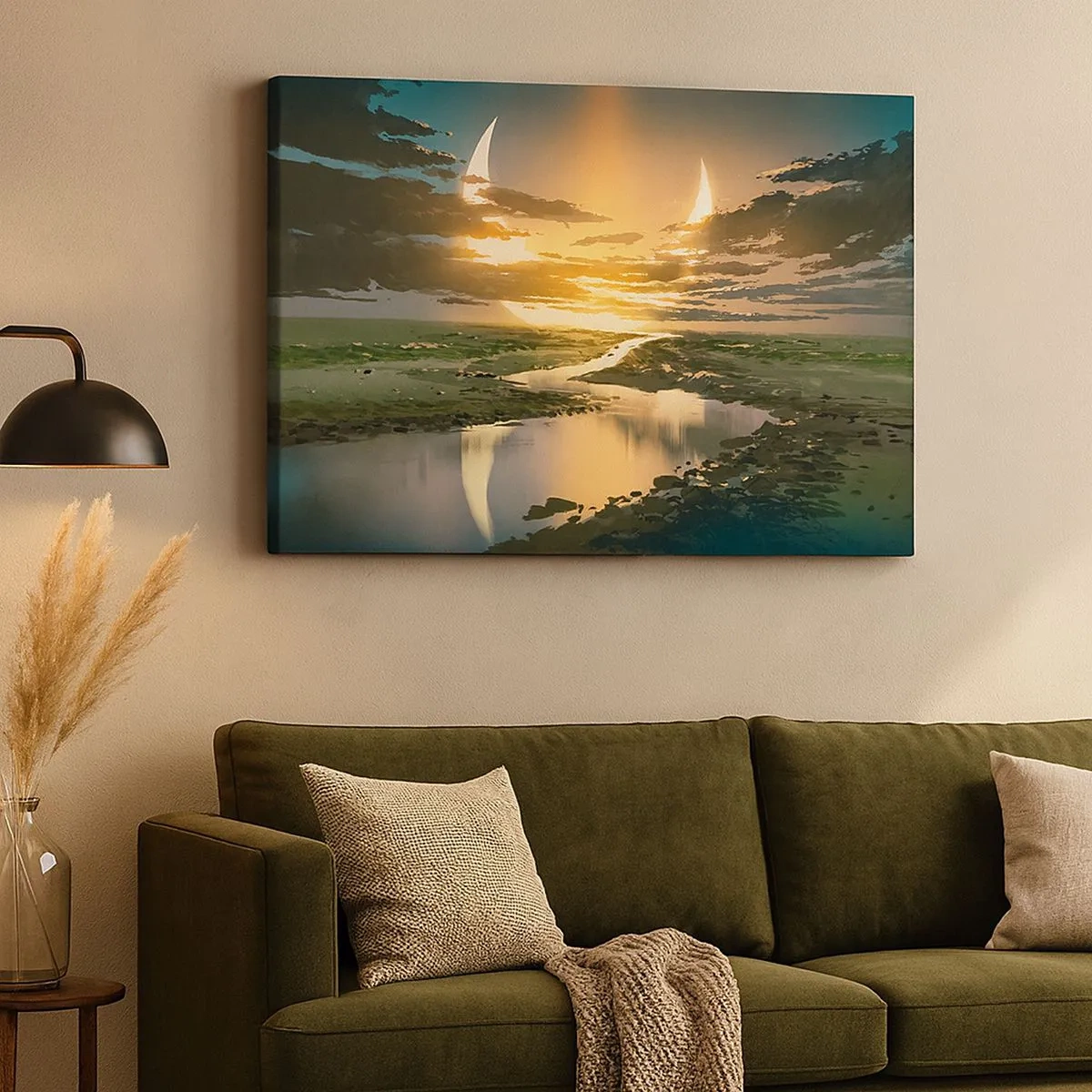 Impression sur toile - Image sur toile - Un paysage fantastique avec deux lunes à l'horizon - 70x50cm - Quelque part dans une galaxie lointaine, très lointaine - Décoration murale moderne pour le salon et la chambre ARTTOR
