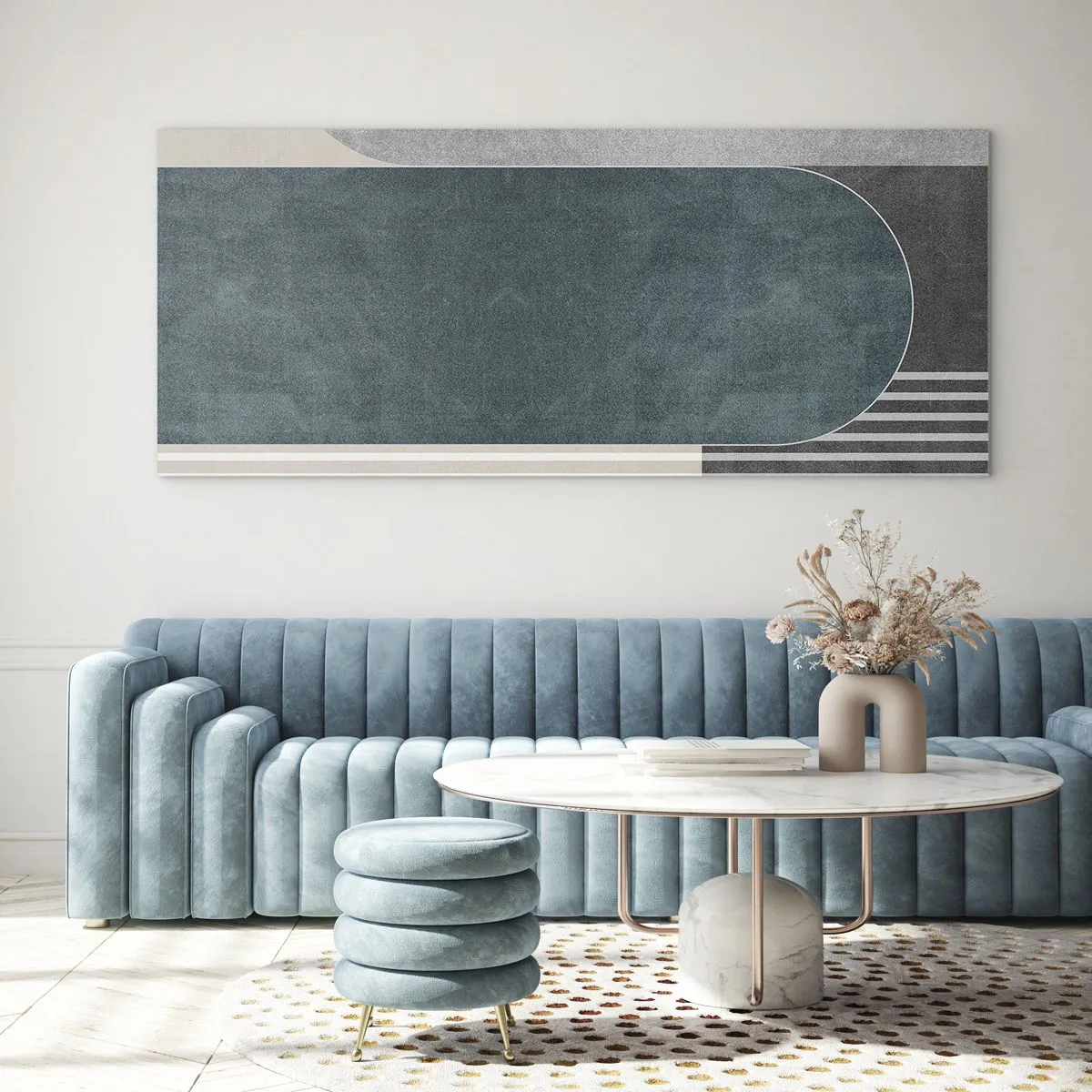 Impression sur verre - Image sur verre - Abstraction géométrique dans les tons de gris et de vert - 160x50cm - Composition de niveaux - Décoration murale moderne pour le salon et la chambre ARTTOR