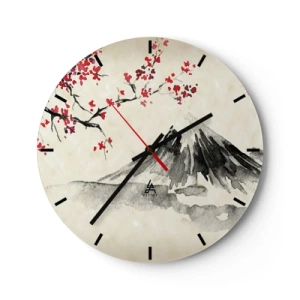 Horloge murale - Pendule murale - Aquarelle traditionnelle japonaise représentant une montagne et des fleurs de cerisier - 30x30cm - Tomber amoureux du Japon - Décoration murale moderne pour le salon, la cuisine et la chambre ARTTOR
