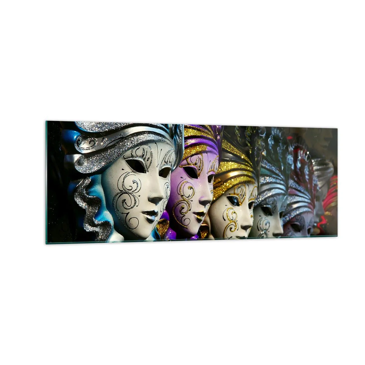 Impression sur verre - Image sur verre - Masques vénitiens de différentes couleurs avec des motifs décoratifs - 140x50cm - Mystère en or et argent - Décoration murale moderne pour le salon et la chambre ARTTOR