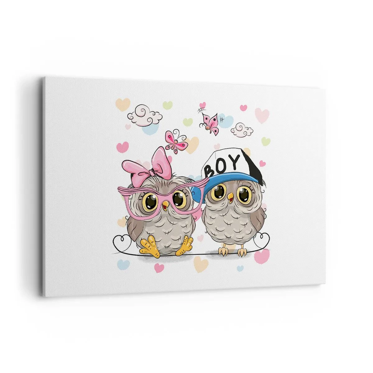 Impression sur toile - Image sur toile - Deux adorables hiboux entourés de cœurs - 120x80cm - On s'aime! - Décoration murale moderne pour le salon et la chambre ARTTOR