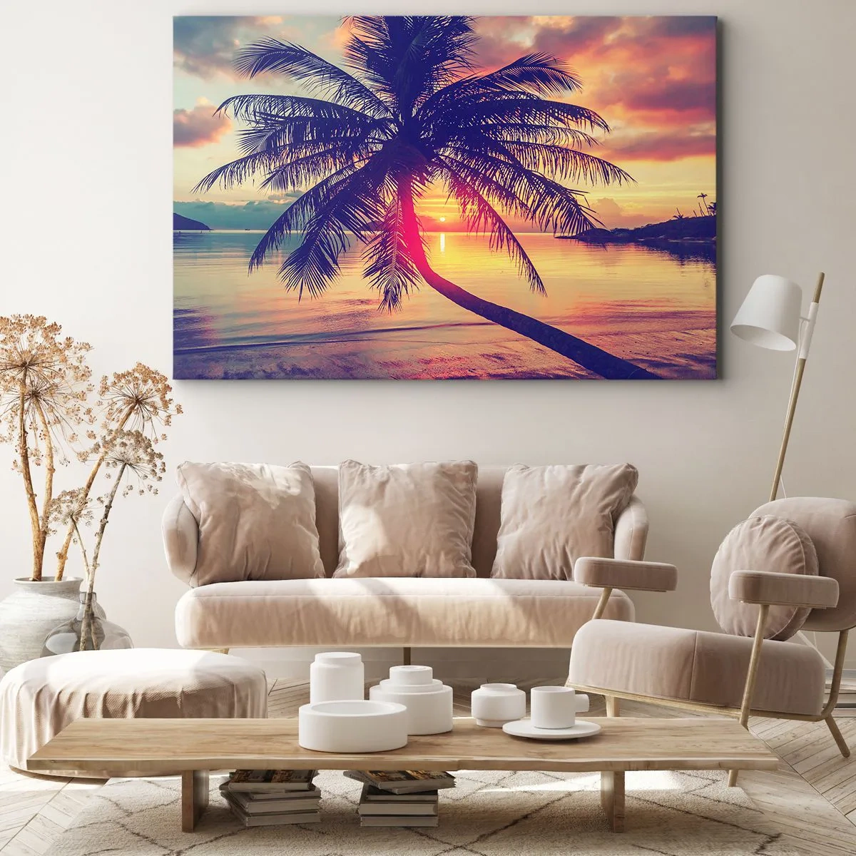 Impression sur toile - Image sur toile - Coucher de soleil avec un palmier sur un rivage tranquille - 70x50cm - Soirée sous les palmiers - Décoration murale moderne pour le salon et la chambre ARTTOR