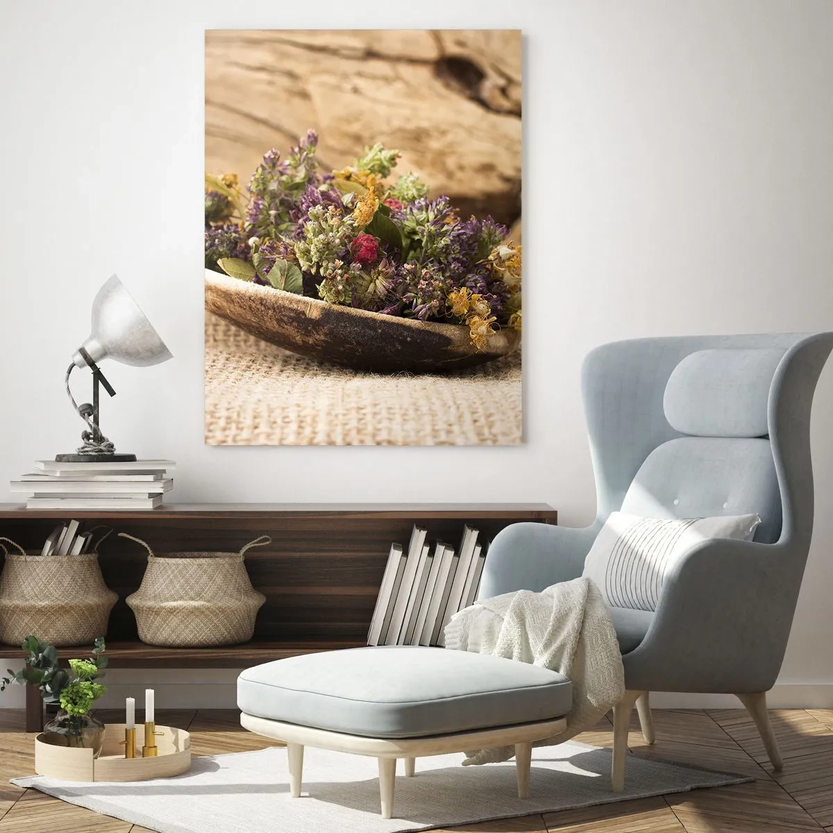 Impression sur verre - Image sur verre - Herbes séchées dans une cuillère en bois sur un fond rustique - 50x70cm - Fleurs colorées et herbes parfumées - Décoration murale moderne pour le salon et la chambre ARTTOR