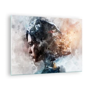 Impression sur verre - Image sur verre - Un profil de femme de style aquarelle avec une ville en arrière-plan. - 70x50cm - L'histoire d'une fille avec une ville en arrière-plan - Décoration murale moderne pour le salon et la chambre ARTTOR