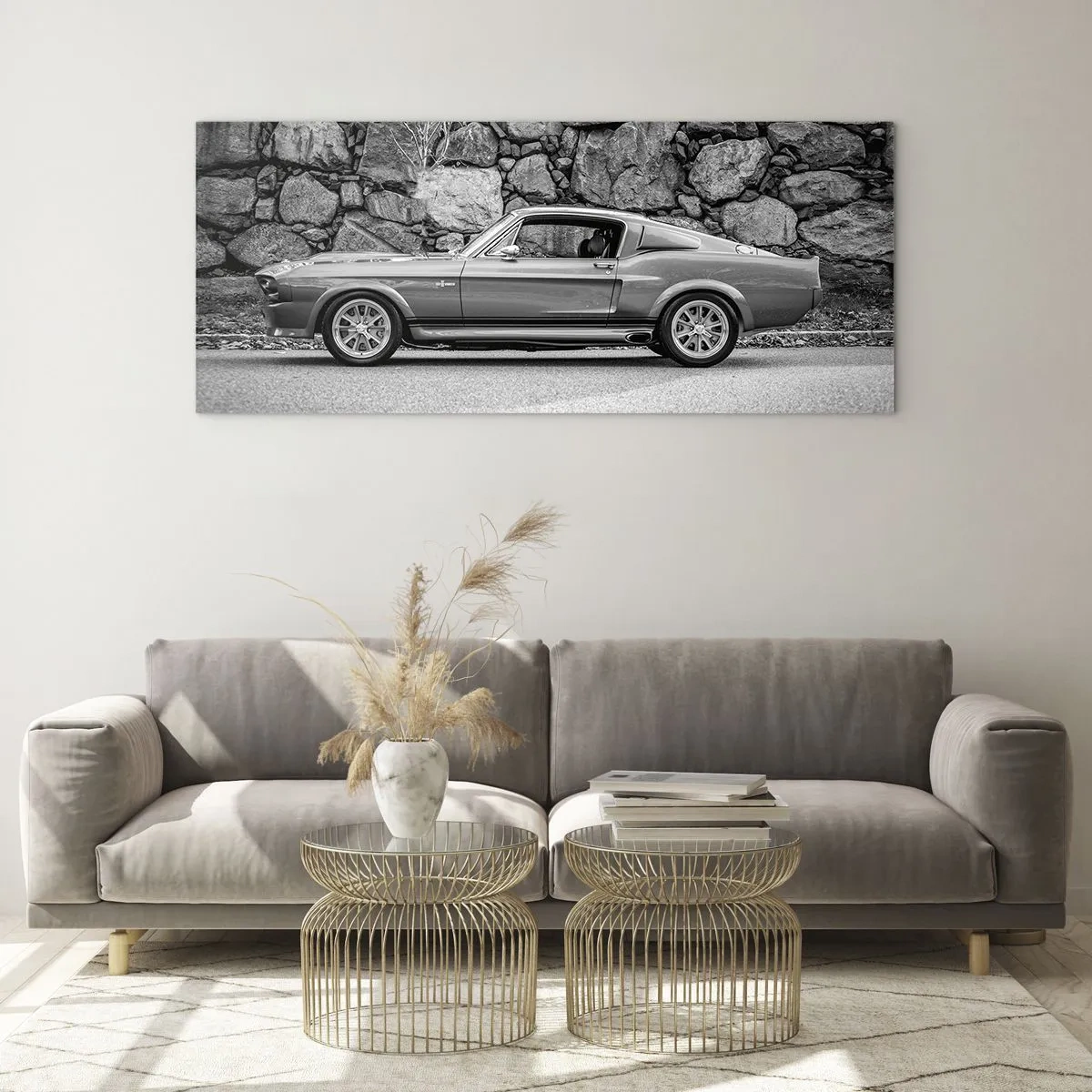 Impression sur verre - Image sur verre - Photo en noir et blanc d'une voiture classique - 160x50cm - Légende des années 60 - Décoration murale moderne pour le salon et la chambre ARTTOR