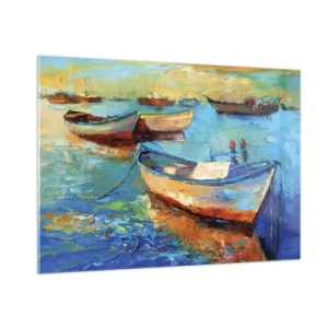 Impression sur verre - Image sur verre - Bateaux colorés sur un fond d'eau calme - 100x70cm - Dans la baie du sud - Décoration murale moderne pour le salon et la chambre ARTTOR